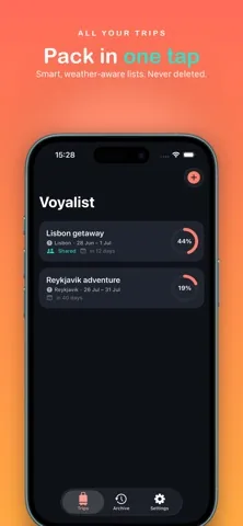 The Voyalist trip list with two saved trips and their packing progress