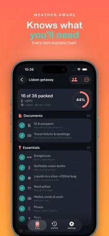 A Voyalist packing list showing 16 of 36 items packed, grouped into Documents and Essentials, each item with a short reason underneath