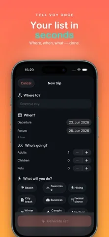 The Voyalist new trip screen asking where to, departure and return dates, how many adults, children and pets, and which activities are planned